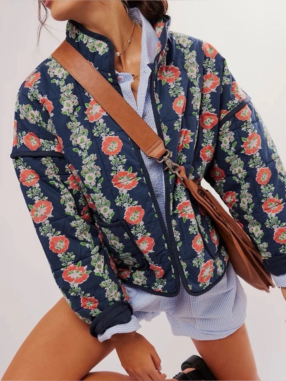 Free People Black Quilted Jacket with Coral & Cream Floral Print - Picture 2 of 10
